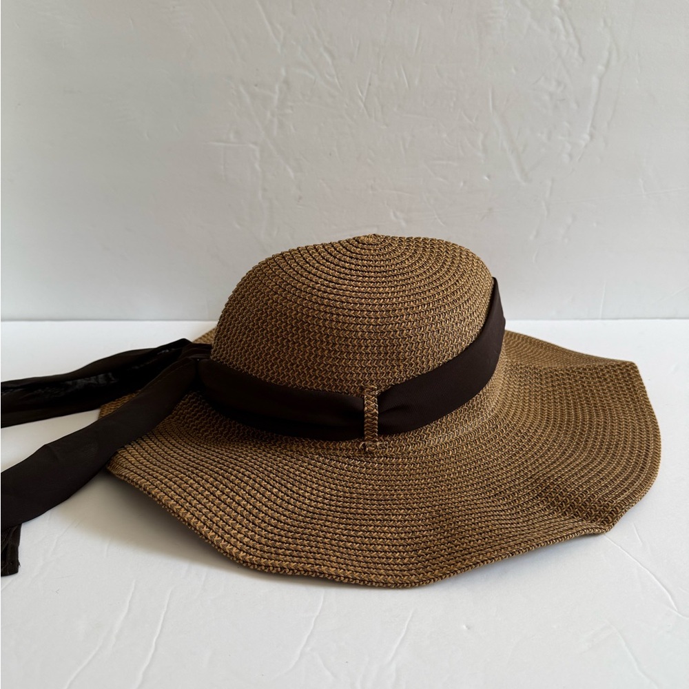 Simplicity Tan White Brim Straw Sun Hat with Brown Ribbon Tie